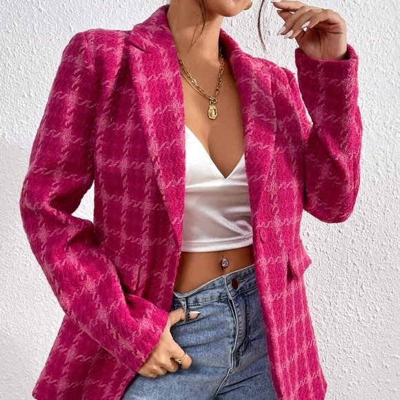 Pink Preppy Womens Plaid Lapel Collar Overcoat - Picture 3 of 5